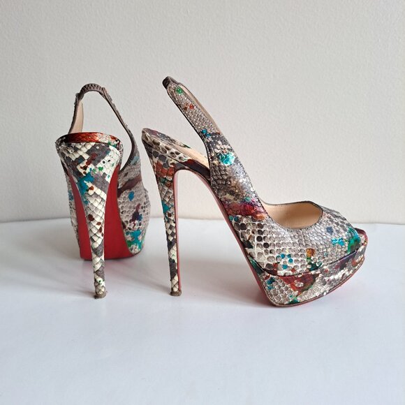 Christian Louboutin Python Leather Lady Peep Toe Platform Slingback Size 37.5 - Picture 4 of 16